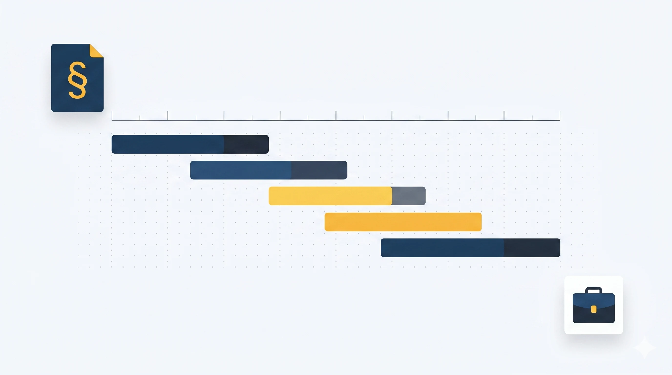 Einsatzplan-Visualisierung — Gantt-Bars über Zeitachse mit BBiG-Paragraph-Symbol und Stations-Briefcase