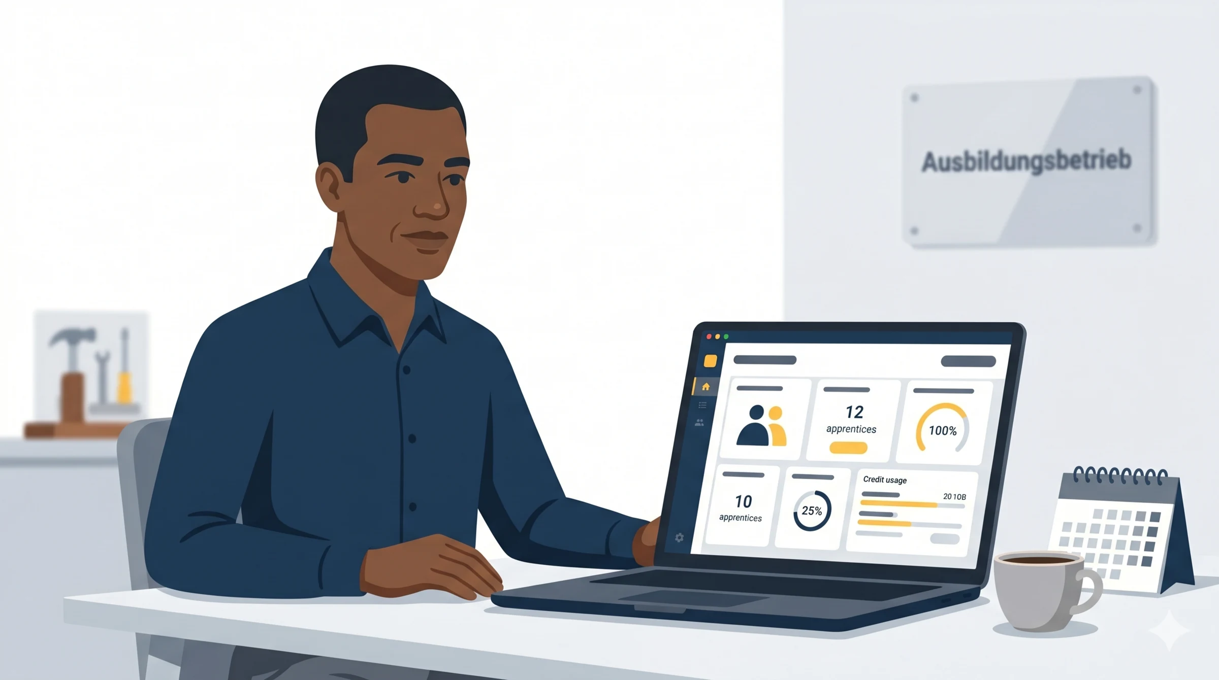 Ausbilder am Laptop mit Azubi-Dashboard, Schild Ausbildungsbetrieb