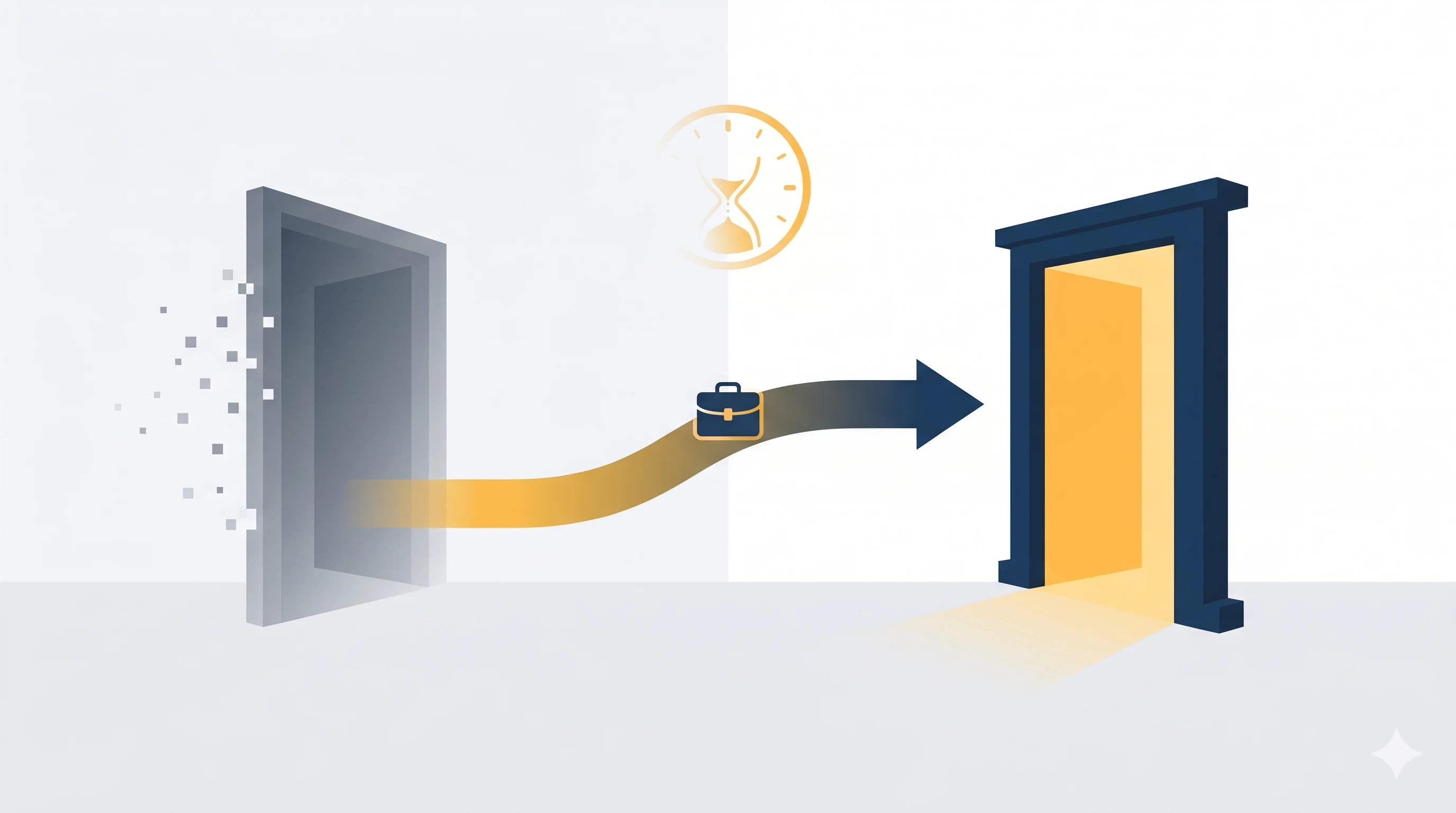Migration vom alten IHK-Portal zur neuen azubitasche-Plattform — alter Gateway zerfällt, neuer Gateway öffnet sich, Briefcase auf dem Pfad